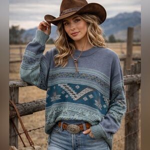 Vintage unisex Blue Green Patterned wool blend southwestern Sweater large